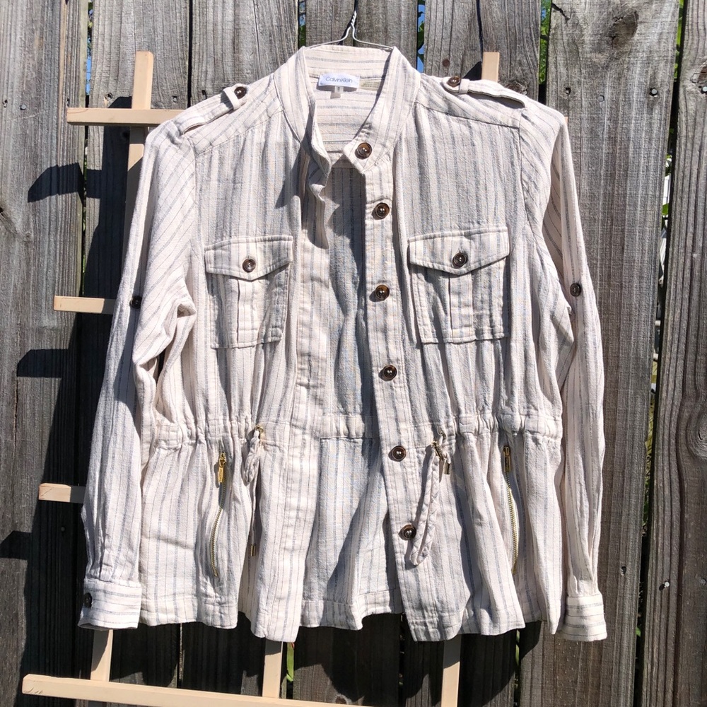 Calvin Klein Linen Blend Striped Women’s Beige Jacket Size Medium